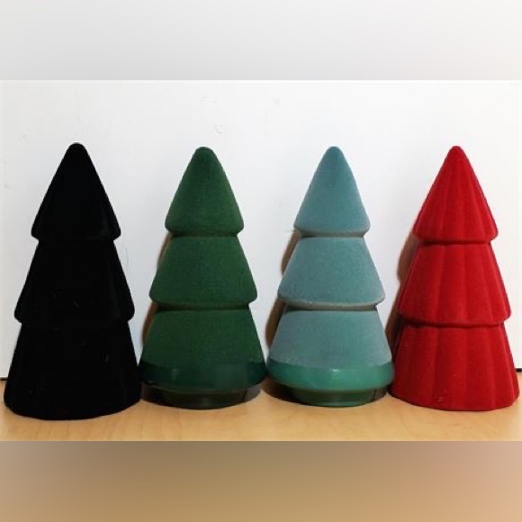 4 Flocked Ceramic Christmas Trees 6", Red Black Green - Picture 1 of 2